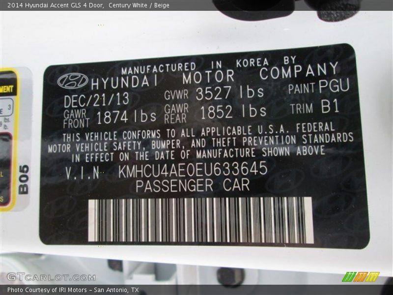 Century White / Beige 2014 Hyundai Accent GLS 4 Door