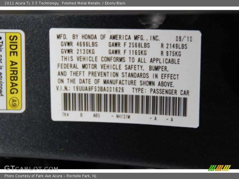 Polished Metal Metallic / Ebony Black 2011 Acura TL 3.5 Technology