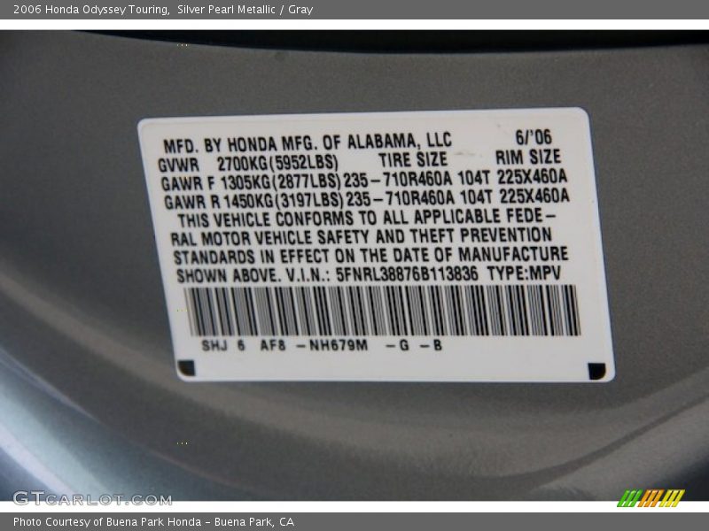 Silver Pearl Metallic / Gray 2006 Honda Odyssey Touring