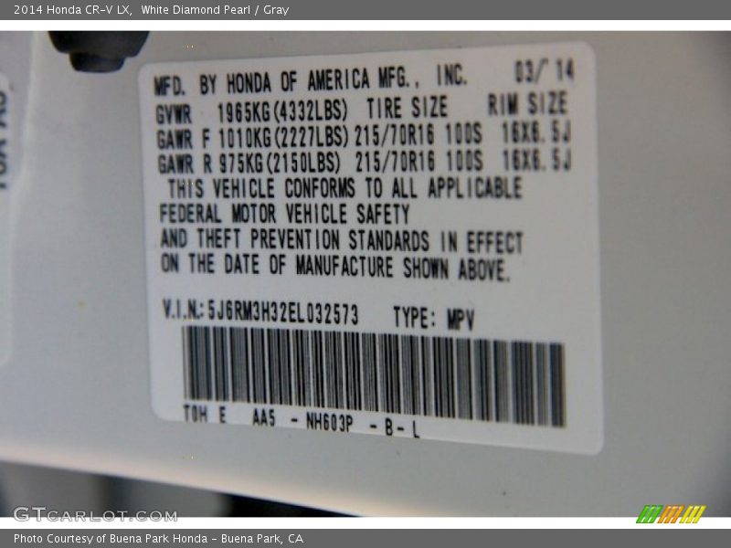White Diamond Pearl / Gray 2014 Honda CR-V LX