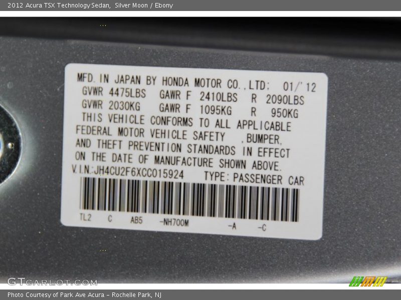 Silver Moon / Ebony 2012 Acura TSX Technology Sedan