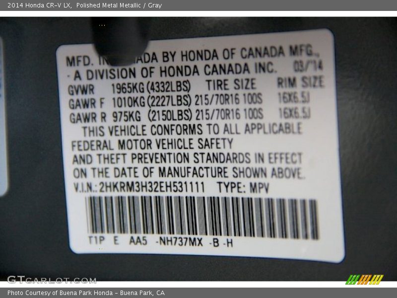 Polished Metal Metallic / Gray 2014 Honda CR-V LX