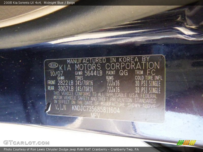 Midnight Blue / Beige 2008 Kia Sorento LX 4x4