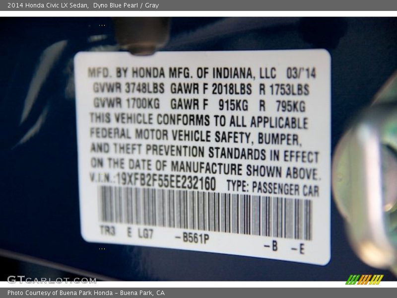 Dyno Blue Pearl / Gray 2014 Honda Civic LX Sedan