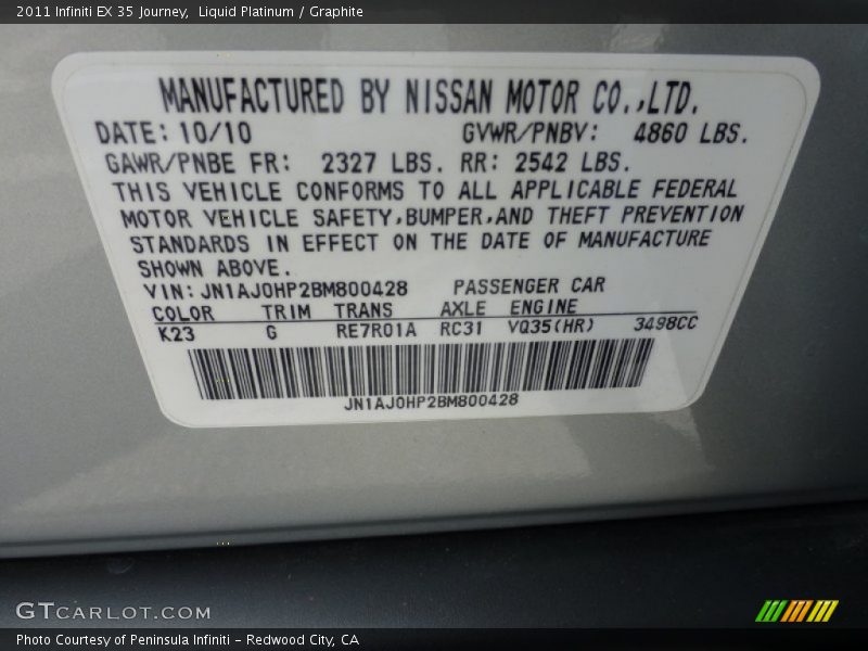 Liquid Platinum / Graphite 2011 Infiniti EX 35 Journey