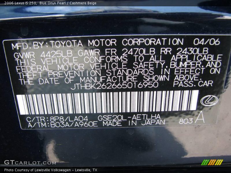 Blue Onyx Pearl / Cashmere Beige 2006 Lexus IS 250