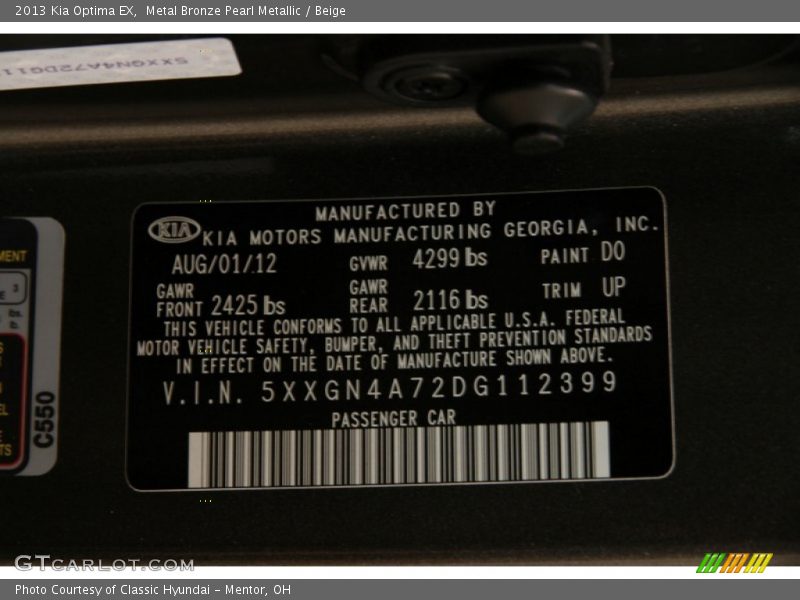 Metal Bronze Pearl Metallic / Beige 2013 Kia Optima EX