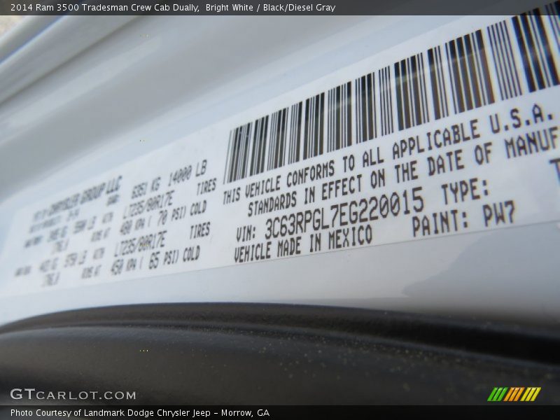 2014 3500 Tradesman Crew Cab Dually Bright White Color Code PW7