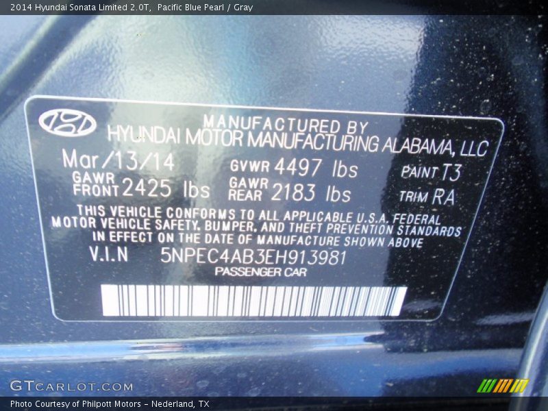 Pacific Blue Pearl / Gray 2014 Hyundai Sonata Limited 2.0T