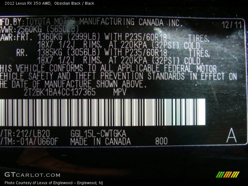 Obsidian Black / Black 2012 Lexus RX 350 AWD