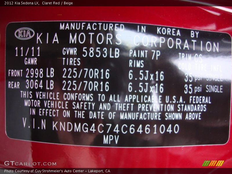 Claret Red / Beige 2012 Kia Sedona LX