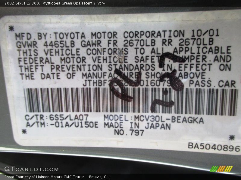 Mystic Sea Green Opalescent / Ivory 2002 Lexus ES 300