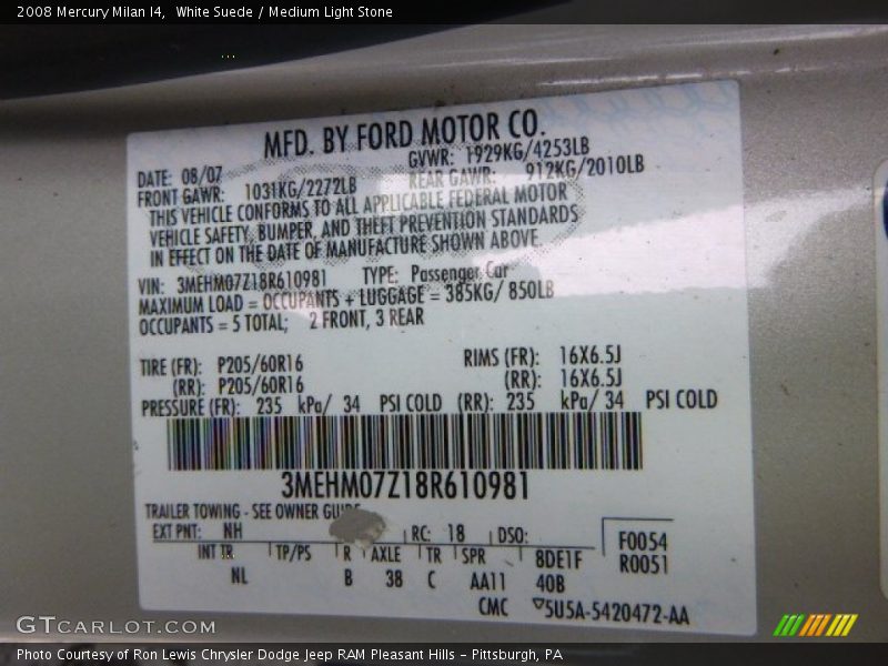 White Suede / Medium Light Stone 2008 Mercury Milan I4