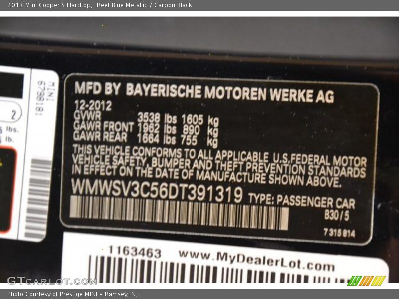 Reef Blue Metallic / Carbon Black 2013 Mini Cooper S Hardtop