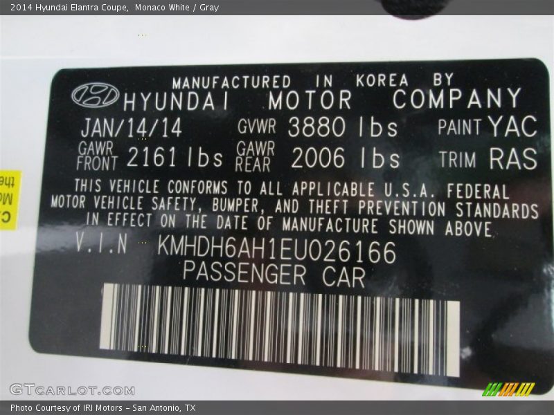 Monaco White / Gray 2014 Hyundai Elantra Coupe