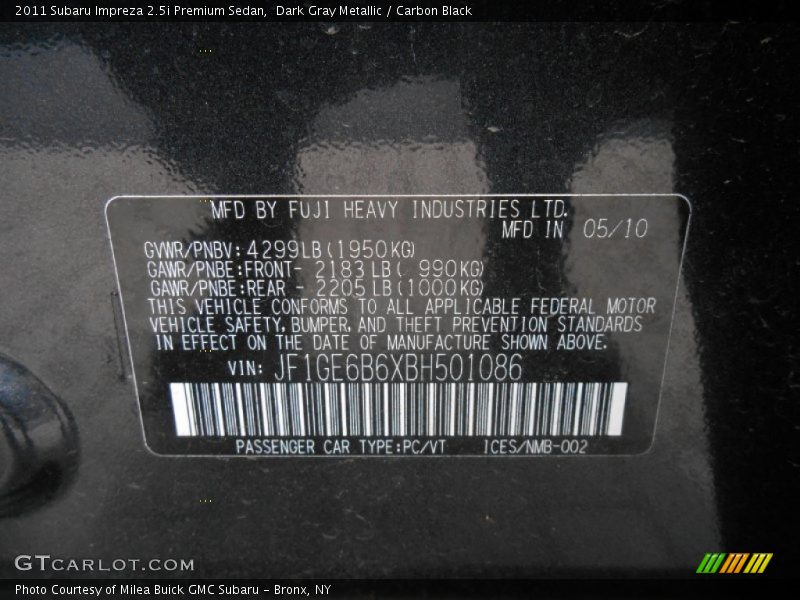 Dark Gray Metallic / Carbon Black 2011 Subaru Impreza 2.5i Premium Sedan