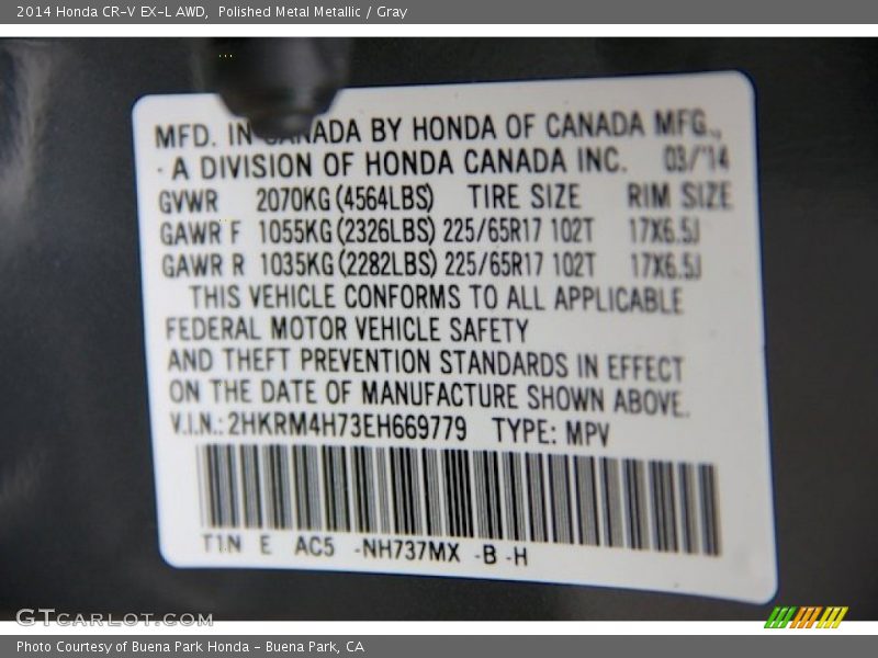 Polished Metal Metallic / Gray 2014 Honda CR-V EX-L AWD