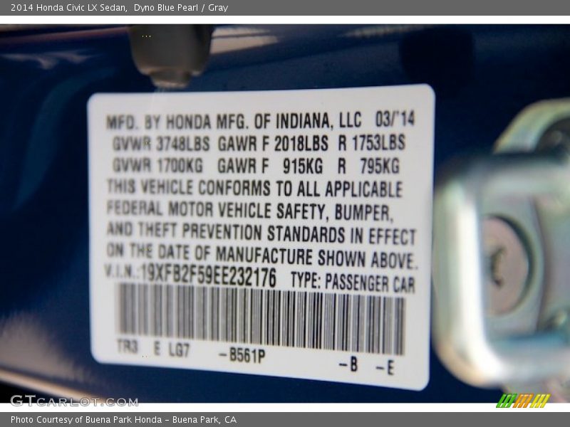 Dyno Blue Pearl / Gray 2014 Honda Civic LX Sedan