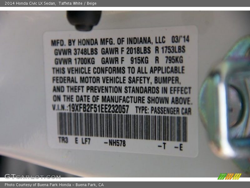 Taffeta White / Beige 2014 Honda Civic LX Sedan