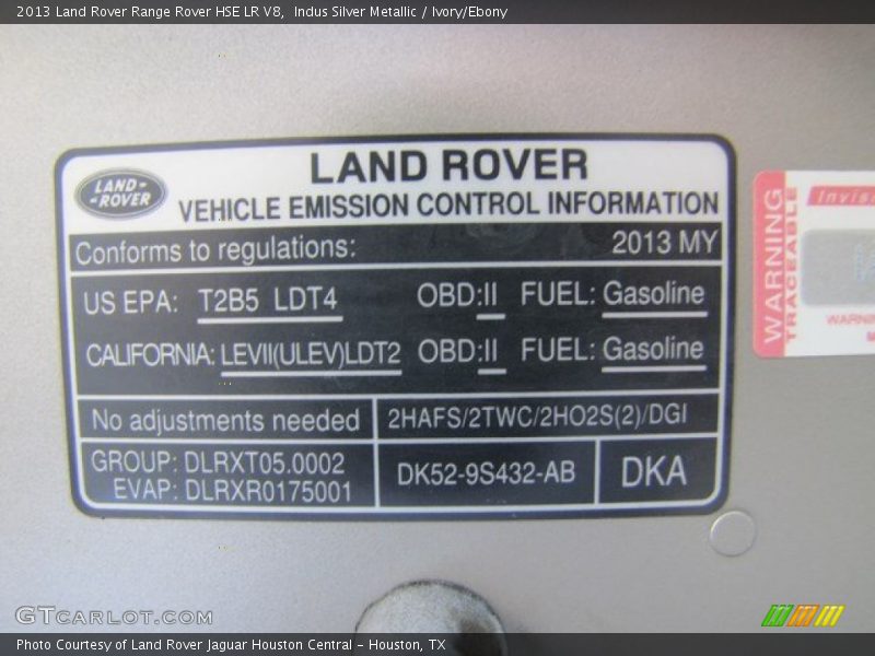 Info Tag of 2013 Range Rover HSE LR V8