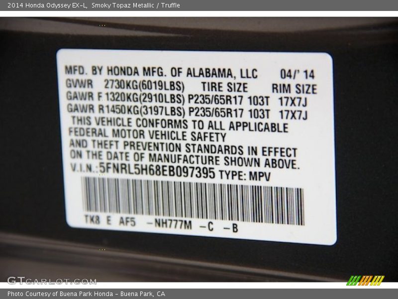 Smoky Topaz Metallic / Truffle 2014 Honda Odyssey EX-L