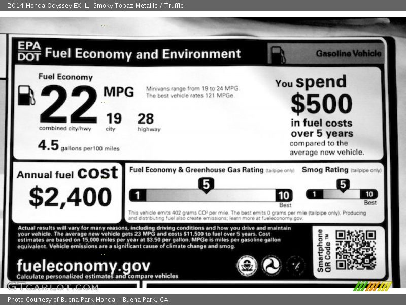 Smoky Topaz Metallic / Truffle 2014 Honda Odyssey EX-L