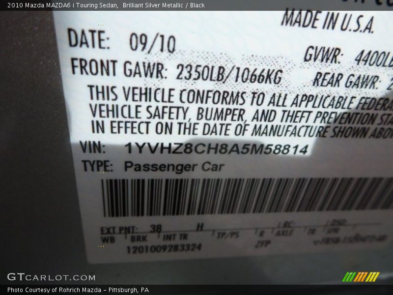 Brilliant Silver Metallic / Black 2010 Mazda MAZDA6 i Touring Sedan