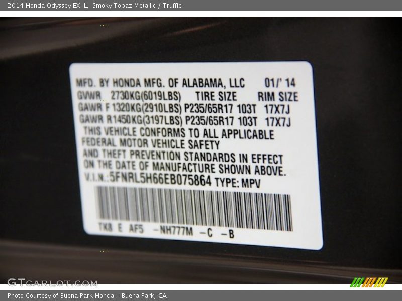Smoky Topaz Metallic / Truffle 2014 Honda Odyssey EX-L