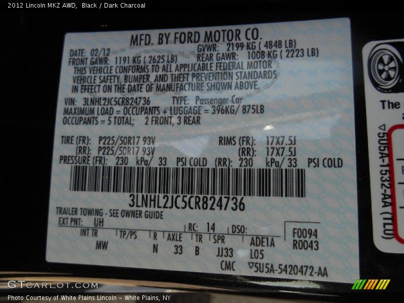 Black / Dark Charcoal 2012 Lincoln MKZ AWD