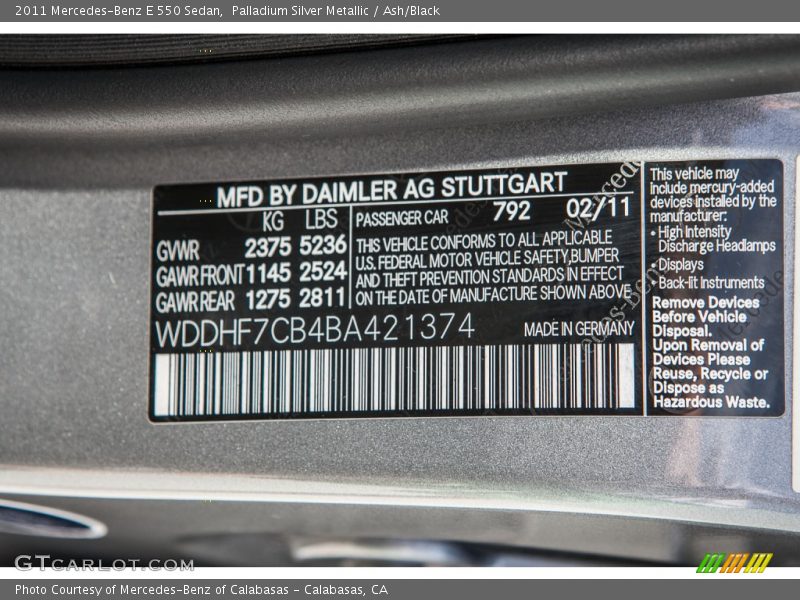 Palladium Silver Metallic / Ash/Black 2011 Mercedes-Benz E 550 Sedan