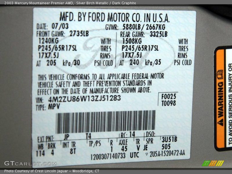 Silver Birch Metallic / Dark Graphite 2003 Mercury Mountaineer Premier AWD
