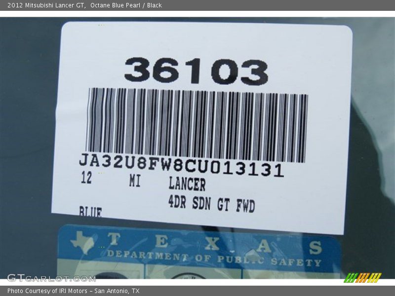 Octane Blue Pearl / Black 2012 Mitsubishi Lancer GT