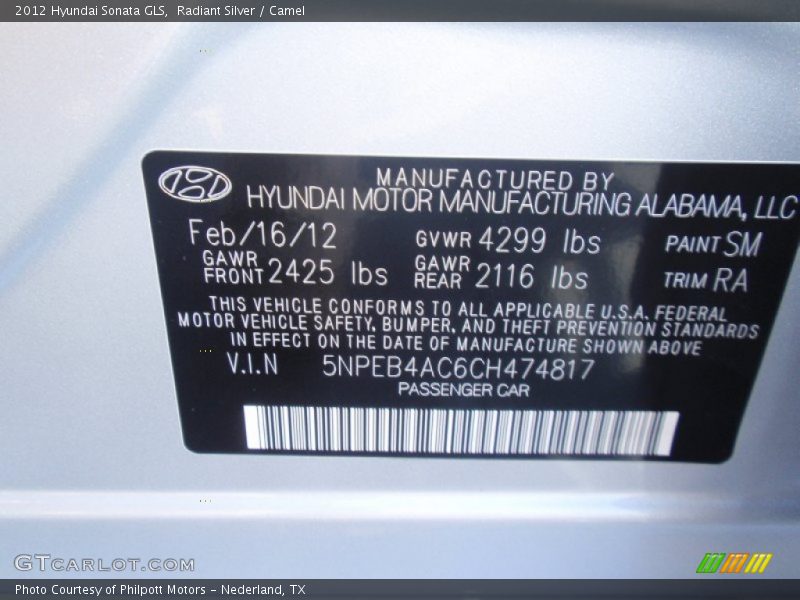 Radiant Silver / Camel 2012 Hyundai Sonata GLS
