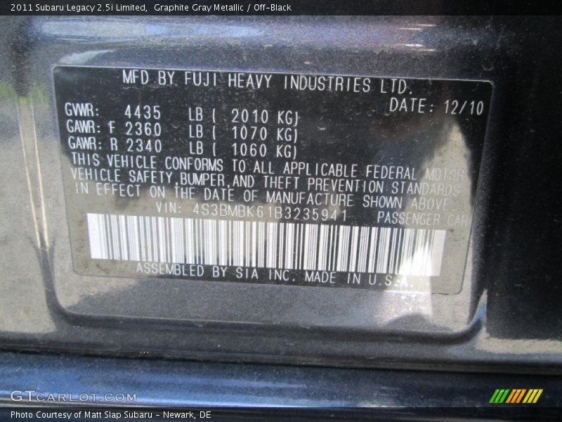 Graphite Gray Metallic / Off-Black 2011 Subaru Legacy 2.5i Limited