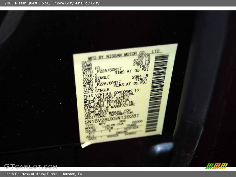 Smoke Gray Metallic / Gray 2005 Nissan Quest 3.5 SE