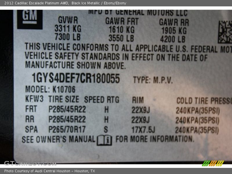 Black Ice Metallic / Ebony/Ebony 2012 Cadillac Escalade Platinum AWD