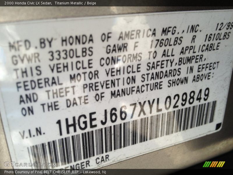 Titanium Metallic / Beige 2000 Honda Civic LX Sedan