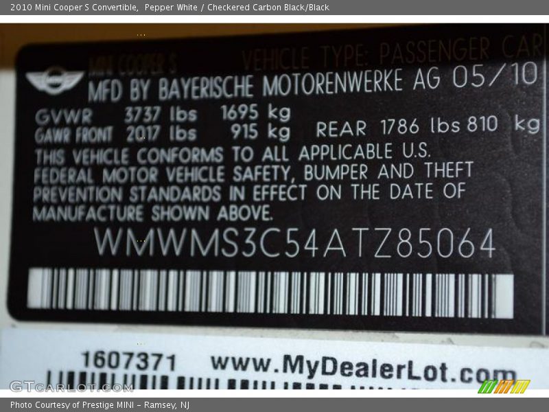 Pepper White / Checkered Carbon Black/Black 2010 Mini Cooper S Convertible