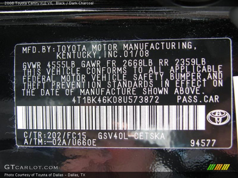 Black / Dark Charcoal 2008 Toyota Camry XLE V6