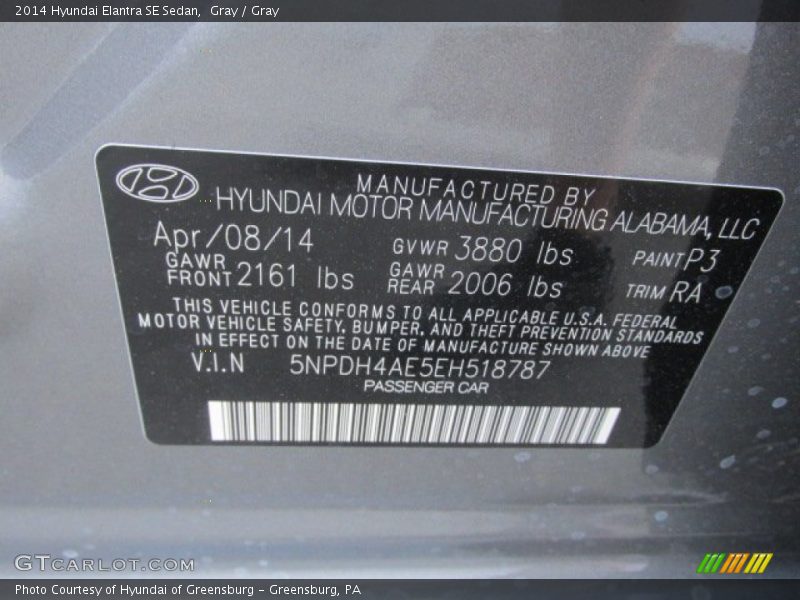 Gray / Gray 2014 Hyundai Elantra SE Sedan