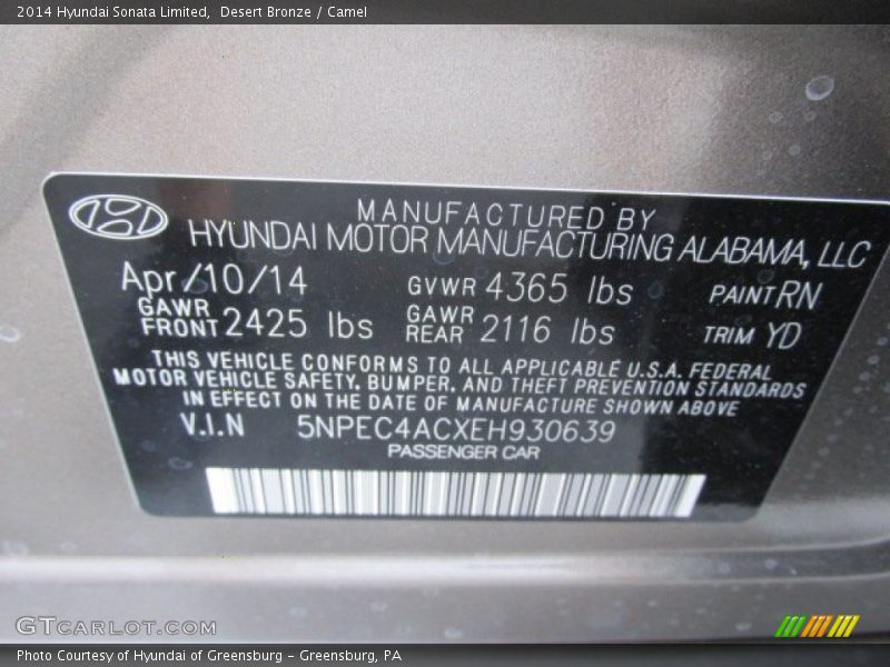 Desert Bronze / Camel 2014 Hyundai Sonata Limited