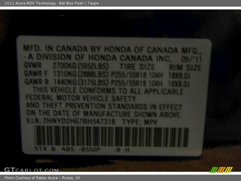 Bali Blue Pearl / Taupe 2011 Acura MDX Technology