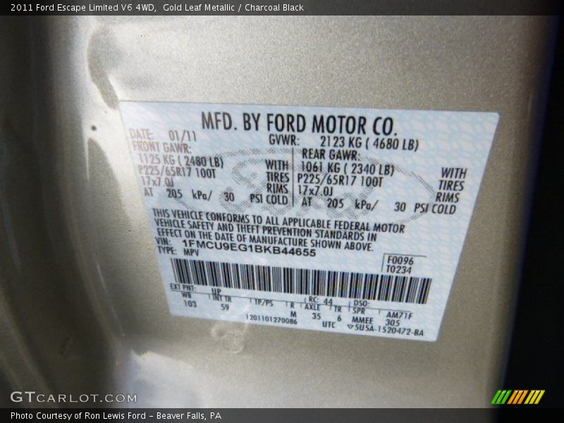Gold Leaf Metallic / Charcoal Black 2011 Ford Escape Limited V6 4WD