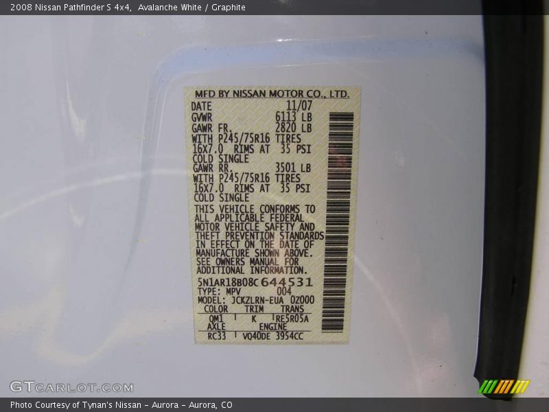 Avalanche White / Graphite 2008 Nissan Pathfinder S 4x4