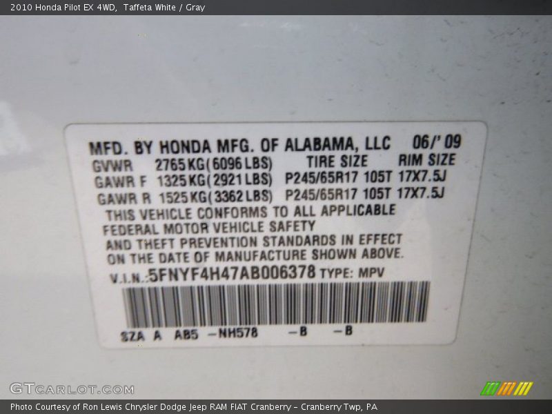 Taffeta White / Gray 2010 Honda Pilot EX 4WD