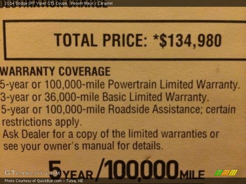  2014 SRT Viper GTS Coupe Window Sticker