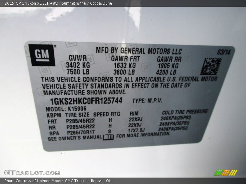 Info Tag of 2015 Yukon XL SLT 4WD