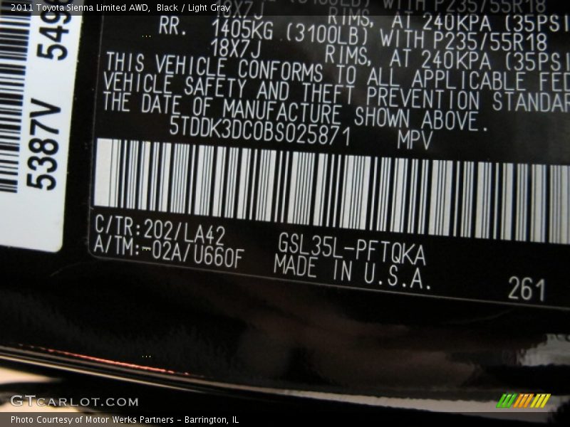 Black / Light Gray 2011 Toyota Sienna Limited AWD