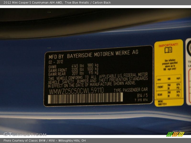 True Blue Metallic / Carbon Black 2012 Mini Cooper S Countryman All4 AWD