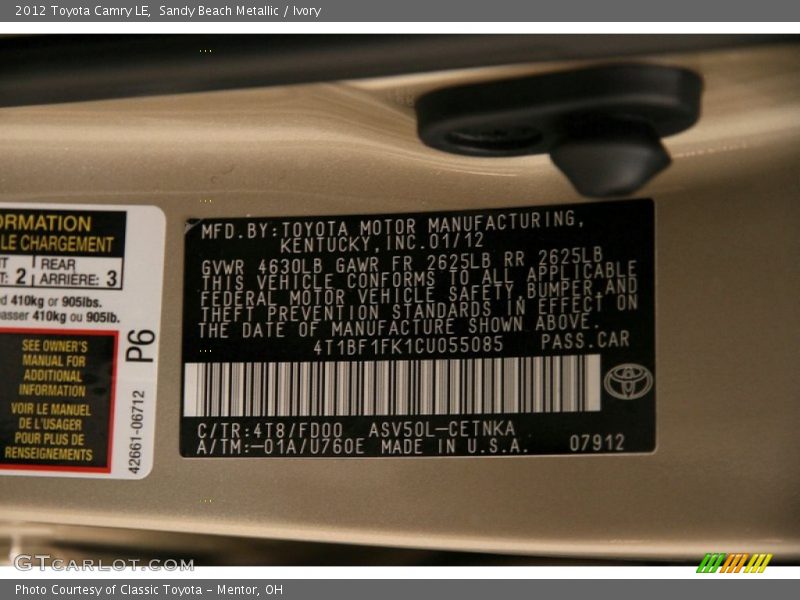 Sandy Beach Metallic / Ivory 2012 Toyota Camry LE